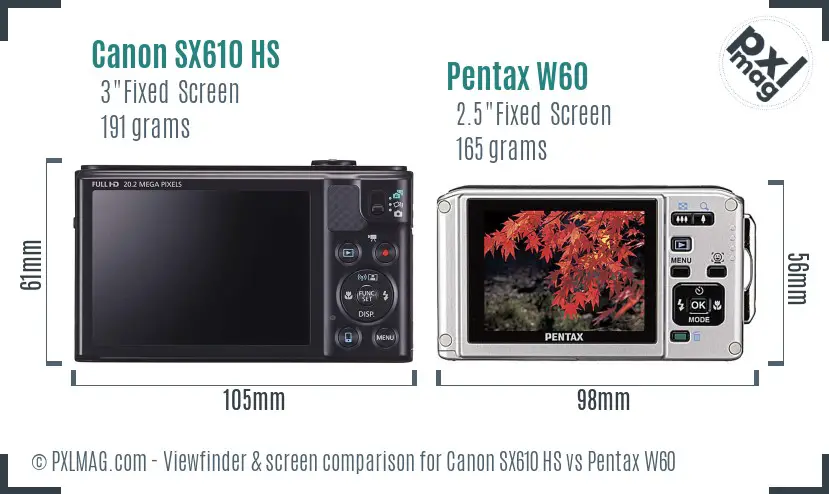 Canon SX610 HS vs Pentax W60 Screen and Viewfinder comparison