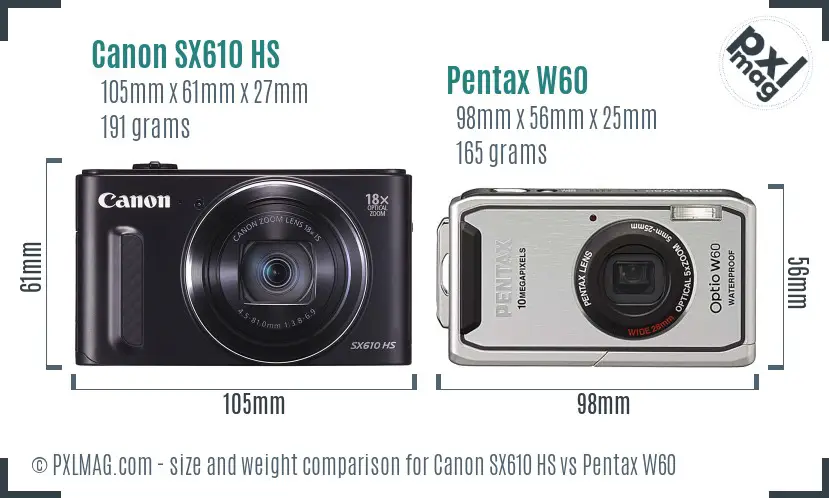 Canon SX610 HS vs Pentax W60 size comparison