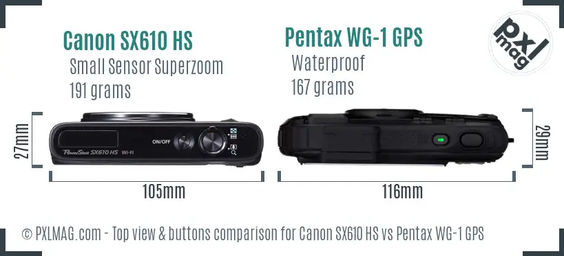 Canon SX610 HS vs Pentax WG-1 GPS top view buttons comparison