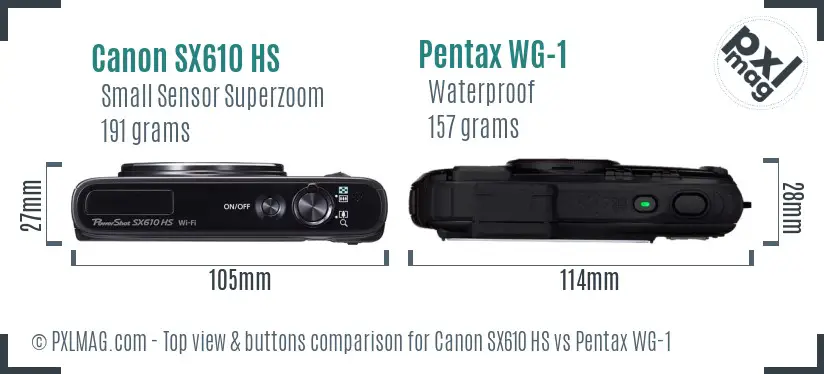 Canon SX610 HS vs Pentax WG-1 top view buttons comparison