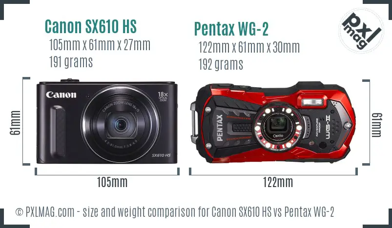 Canon SX610 HS vs Pentax WG-2 size comparison