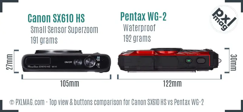 Canon SX610 HS vs Pentax WG-2 top view buttons comparison
