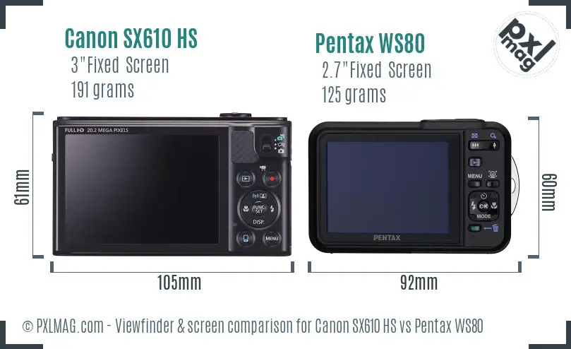 Canon SX610 HS vs Pentax WS80 Screen and Viewfinder comparison