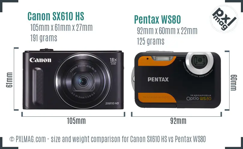 Canon SX610 HS vs Pentax WS80 size comparison