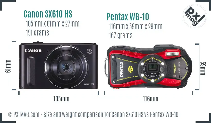 Canon SX610 HS vs Pentax WG-10 size comparison Canon SX610 HS vs Pentax WG-10 size comparison