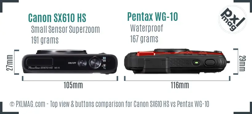 Canon SX610 HS vs Pentax WG-10 top view buttons comparison