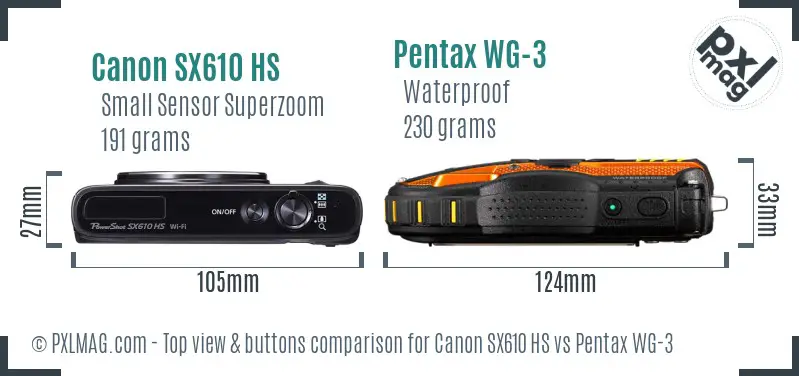 Canon SX610 HS vs Pentax WG-3 top view buttons comparison Canon SX610 HS vs Pentax WG-3 top view buttons comparison