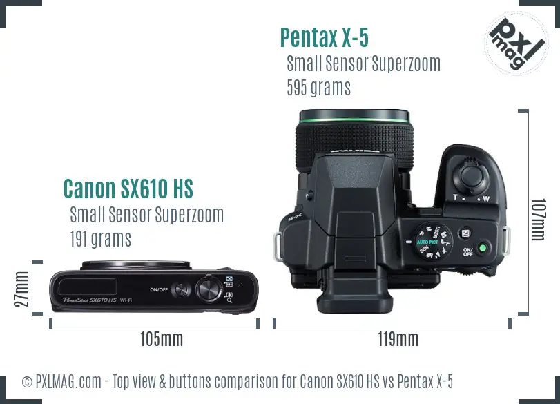 Canon SX610 HS vs Pentax X-5 top view buttons comparison