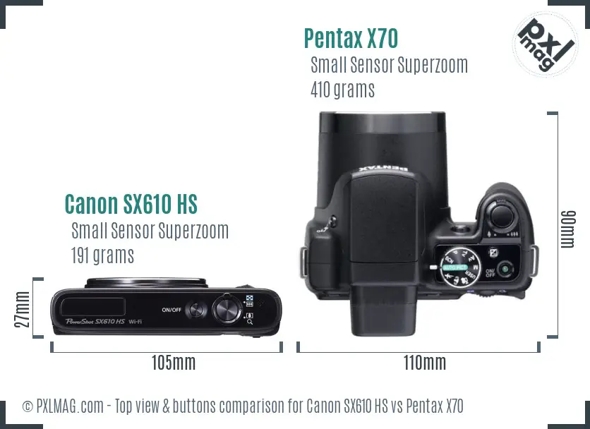 Canon SX610 HS vs Pentax X70 top view buttons comparison Canon SX610 HS vs Pentax X70 top view buttons comparison