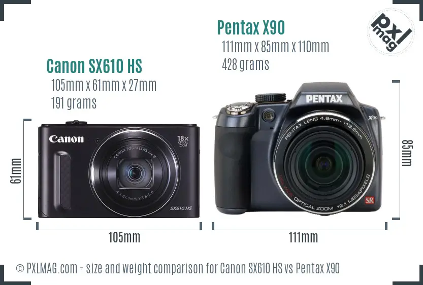 Canon SX610 HS vs Pentax X90 size comparison