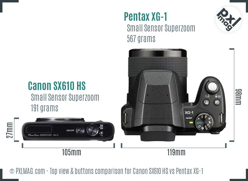 Canon SX610 HS vs Pentax XG-1 top view buttons comparison Canon SX610 HS vs Pentax XG-1 top view buttons comparison