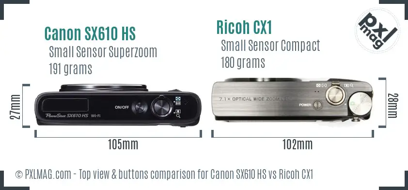 Canon SX610 HS vs Ricoh CX1 top view buttons comparison Canon SX610 HS vs Ricoh CX1 top view buttons comparison