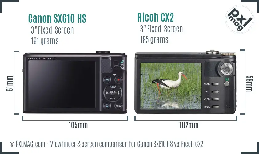 Canon SX610 HS vs Ricoh CX2 Screen and Viewfinder comparison