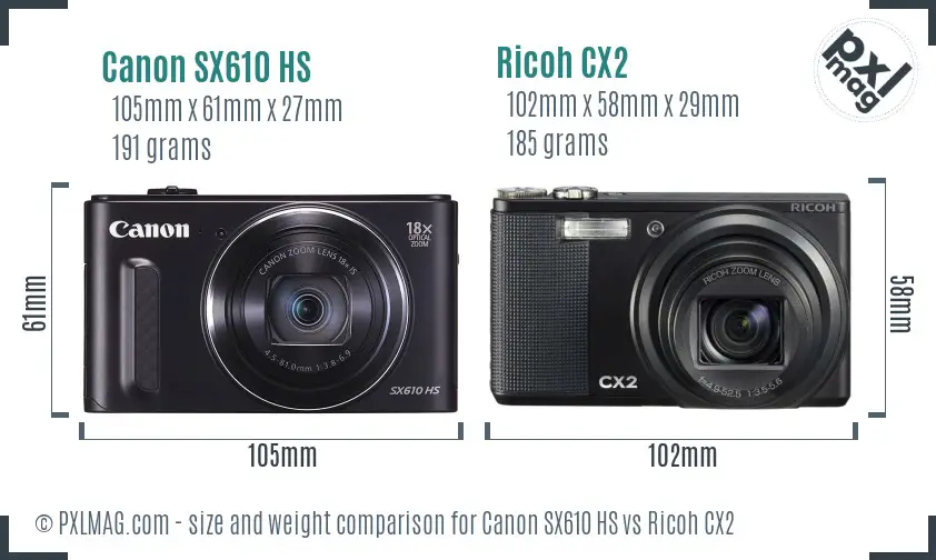 Canon SX610 HS vs Ricoh CX2 size comparison