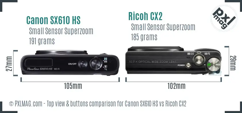 Canon SX610 HS vs Ricoh CX2 top view buttons comparison