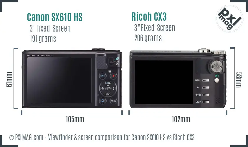 Canon SX610 HS vs Ricoh CX3 Screen and Viewfinder comparison