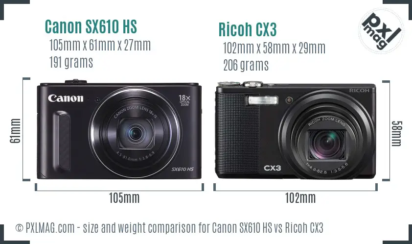 Canon SX610 HS vs Ricoh CX3 size comparison