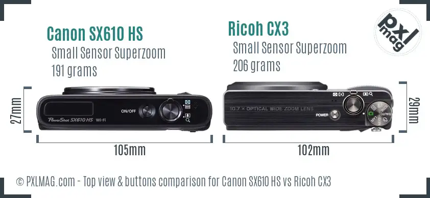 Canon SX610 HS vs Ricoh CX3 top view buttons comparison