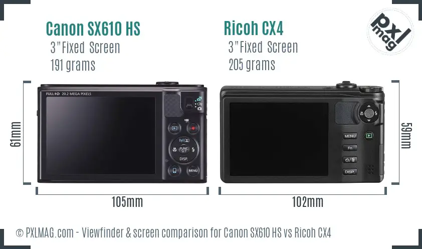 Canon SX610 HS vs Ricoh CX4 Screen and Viewfinder comparison