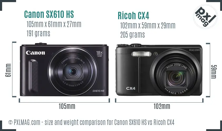 Canon SX610 HS vs Ricoh CX4 size comparison