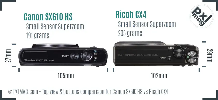 Canon SX610 HS vs Ricoh CX4 top view buttons comparison