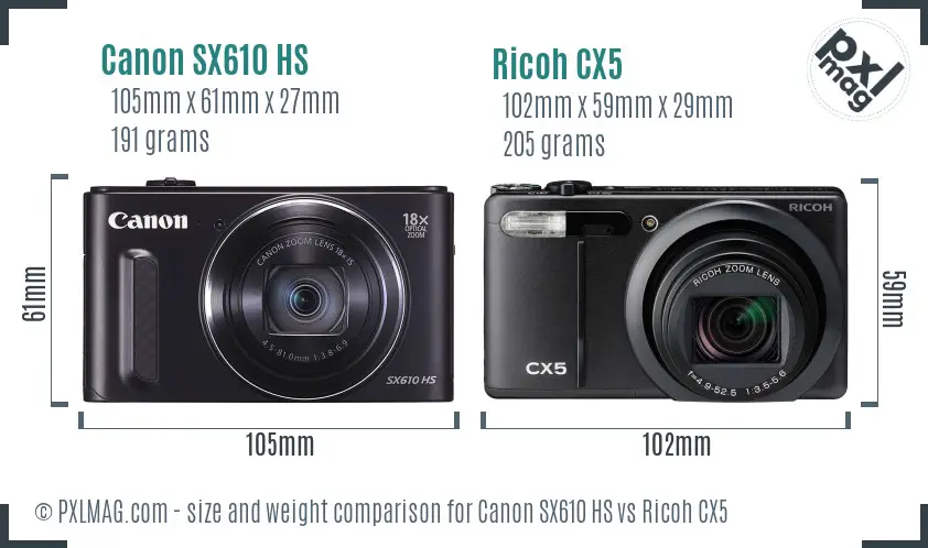 Canon SX610 HS vs Ricoh CX5 size comparison Canon SX610 HS vs Ricoh CX5 size comparison