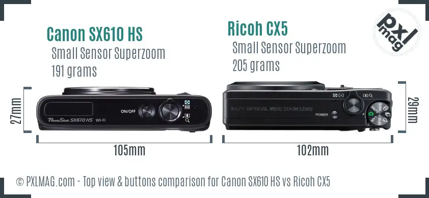 Canon SX610 HS vs Ricoh CX5 top view buttons comparison Canon SX610 HS vs Ricoh CX5 top view buttons comparison