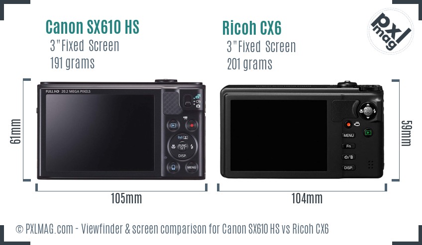 Canon SX610 HS vs Ricoh CX6 Screen and Viewfinder comparison