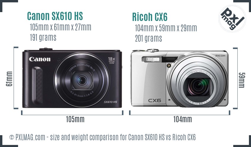 Canon SX610 HS vs Ricoh CX6 size comparison Canon SX610 HS vs Ricoh CX6 size comparison