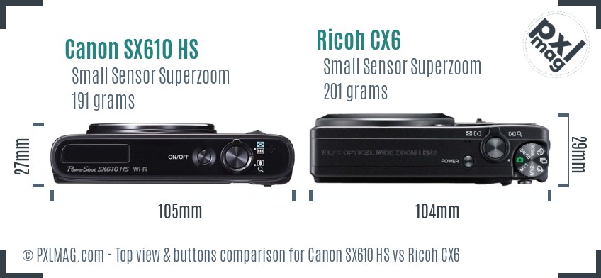 Canon SX610 HS vs Ricoh CX6 top view buttons comparison