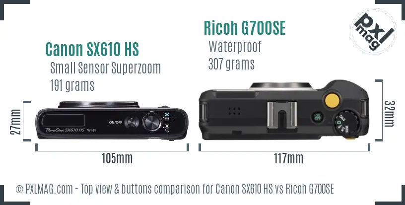 Canon SX610 HS vs Ricoh G700SE top view buttons comparison