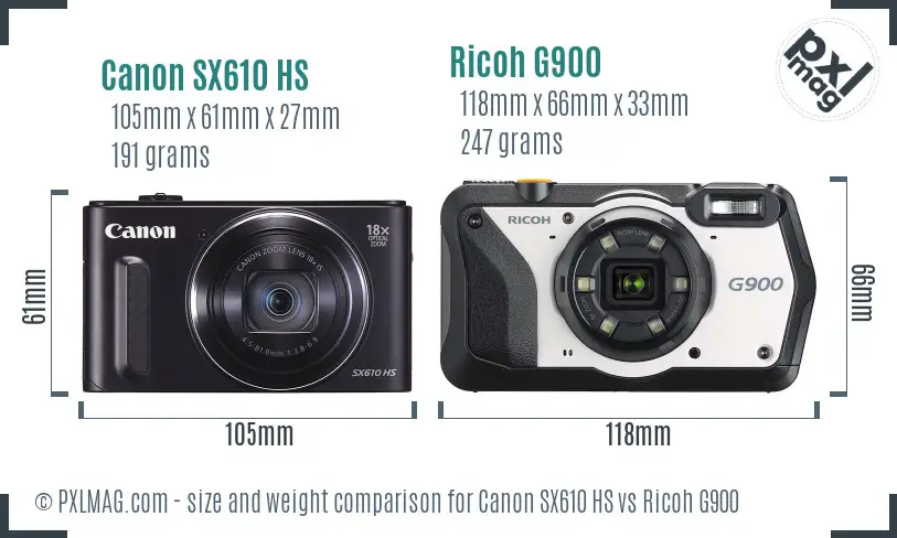 Canon SX610 HS vs Ricoh G900 size comparison