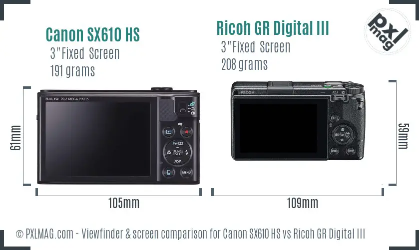 Canon SX610 HS vs Ricoh GR Digital III Screen and Viewfinder comparison