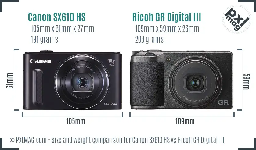 Canon SX610 HS vs Ricoh GR Digital III size comparison