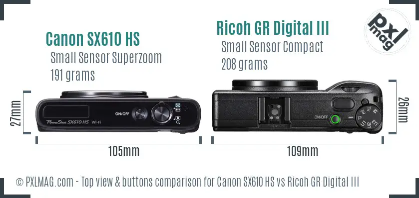 Canon SX610 HS vs Ricoh GR Digital III top view buttons comparison