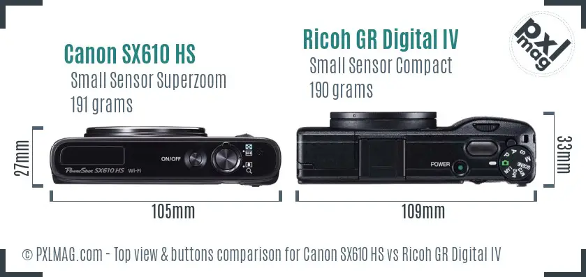 Canon SX610 HS vs Ricoh GR Digital IV top view buttons comparison Canon SX610 HS vs Ricoh GR Digital IV top view buttons comparison