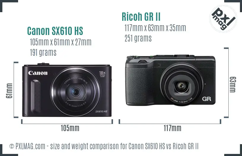 Canon SX610 HS vs Ricoh GR II size comparison