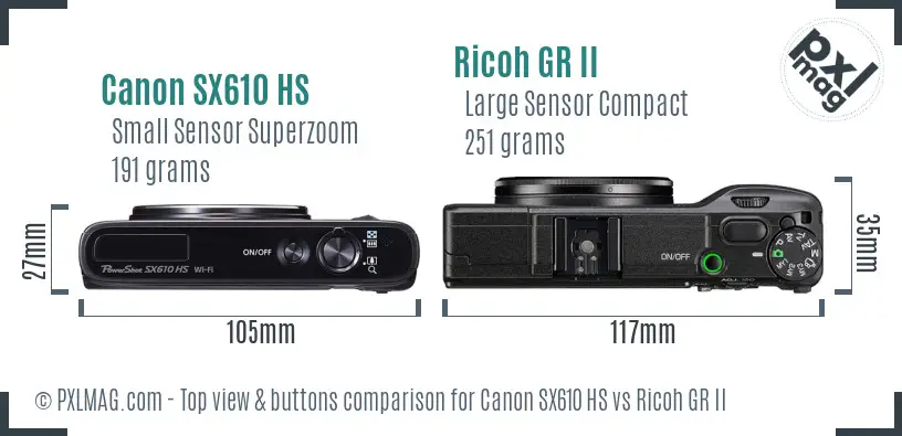 Canon SX610 HS vs Ricoh GR II top view buttons comparison