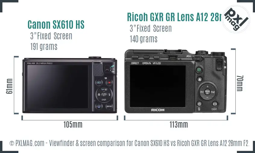 Canon SX610 HS vs Ricoh GXR GR Lens A12 28mm F2.5 Screen and Viewfinder comparison