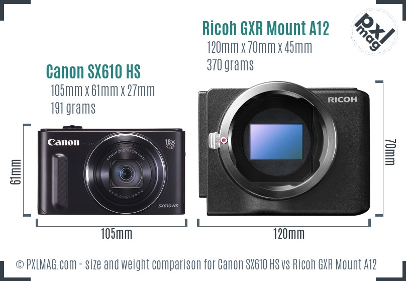 Canon SX610 HS vs Ricoh GXR Mount A12 size comparison