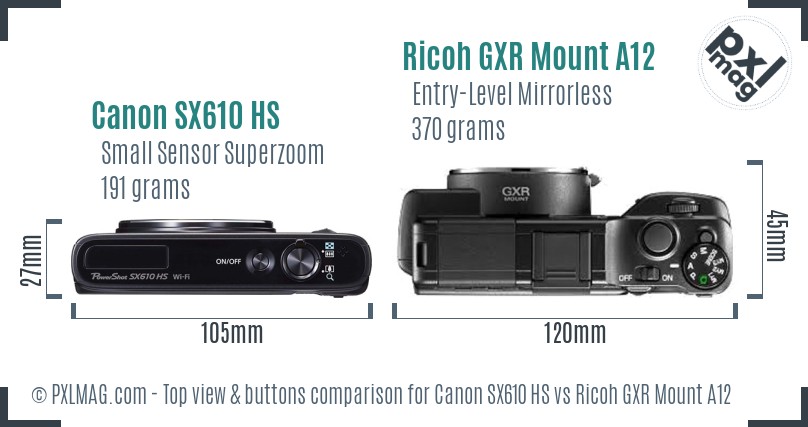 Canon SX610 HS vs Ricoh GXR Mount A12 top view buttons comparison