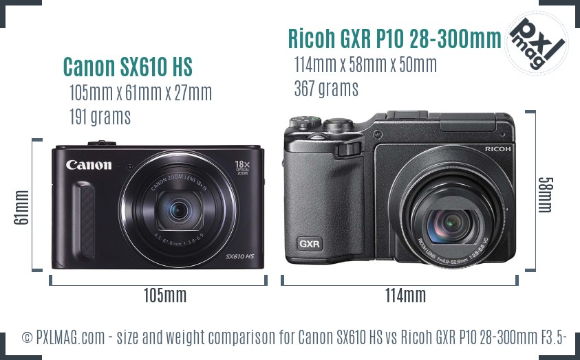 Canon SX610 HS vs Ricoh GXR P10 28-300mm F3.5-5.6 VC size comparison