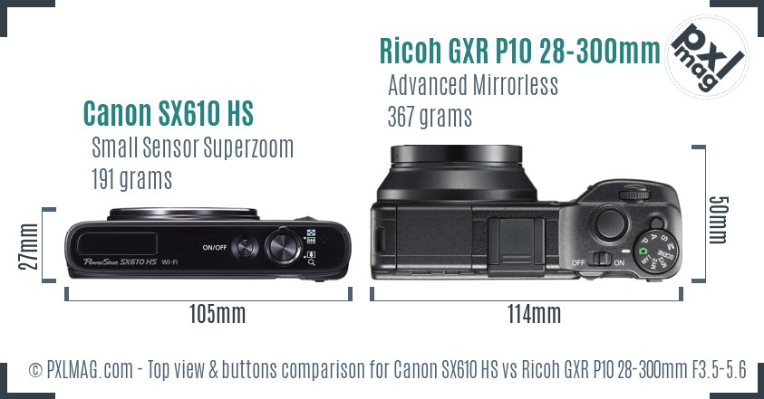 Canon SX610 HS vs Ricoh GXR P10 28-300mm F3.5-5.6 VC top view buttons comparison