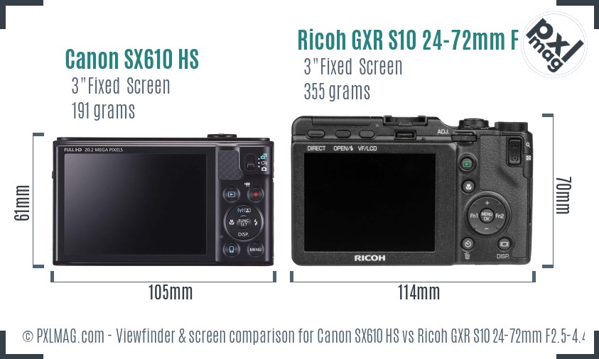 Canon SX610 HS vs Ricoh GXR S10 24-72mm F2.5-4.4 VC Screen and Viewfinder comparison