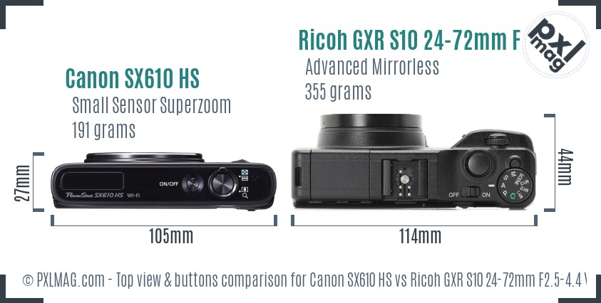Canon SX610 HS vs Ricoh GXR S10 24-72mm F2.5-4.4 VC top view buttons comparison
