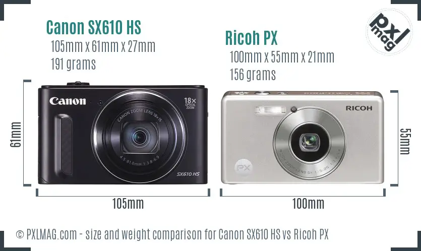 Canon SX610 HS vs Ricoh PX size comparison Canon SX610 HS vs Ricoh PX size comparison