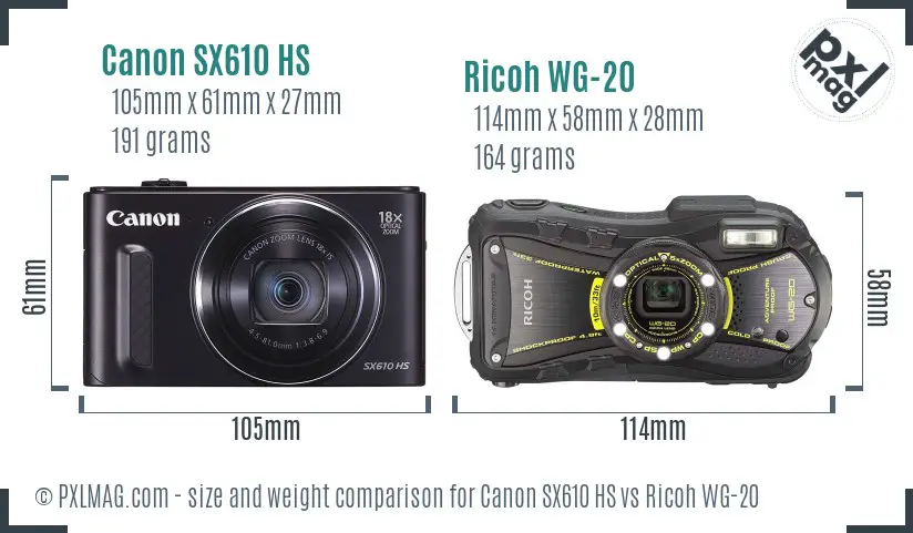 Canon SX610 HS vs Ricoh WG-20 size comparison