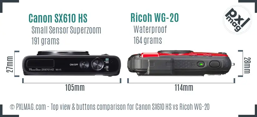 Canon SX610 HS vs Ricoh WG-20 top view buttons comparison