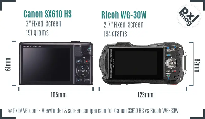 Canon SX610 HS vs Ricoh WG-30W Screen and Viewfinder comparison