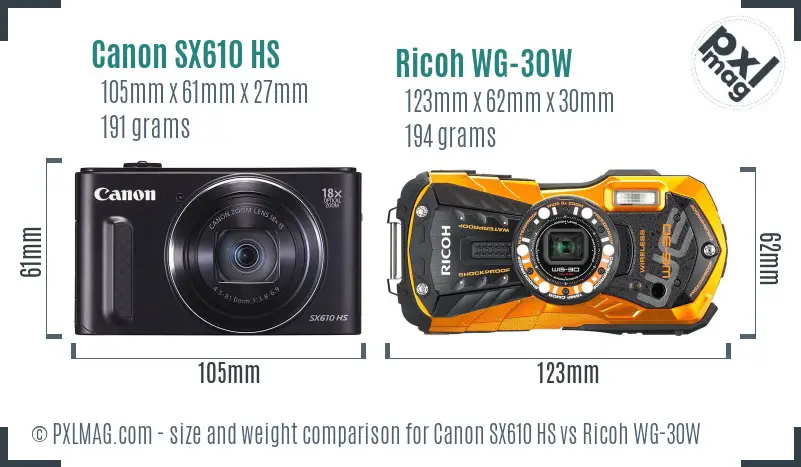 Canon SX610 HS vs Ricoh WG-30W size comparison